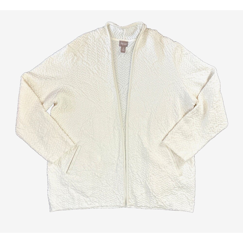 Chicos Jacquard Chevron Knit Open Front Cardigan Jacket Sz XL Ivory Ecru Minimal